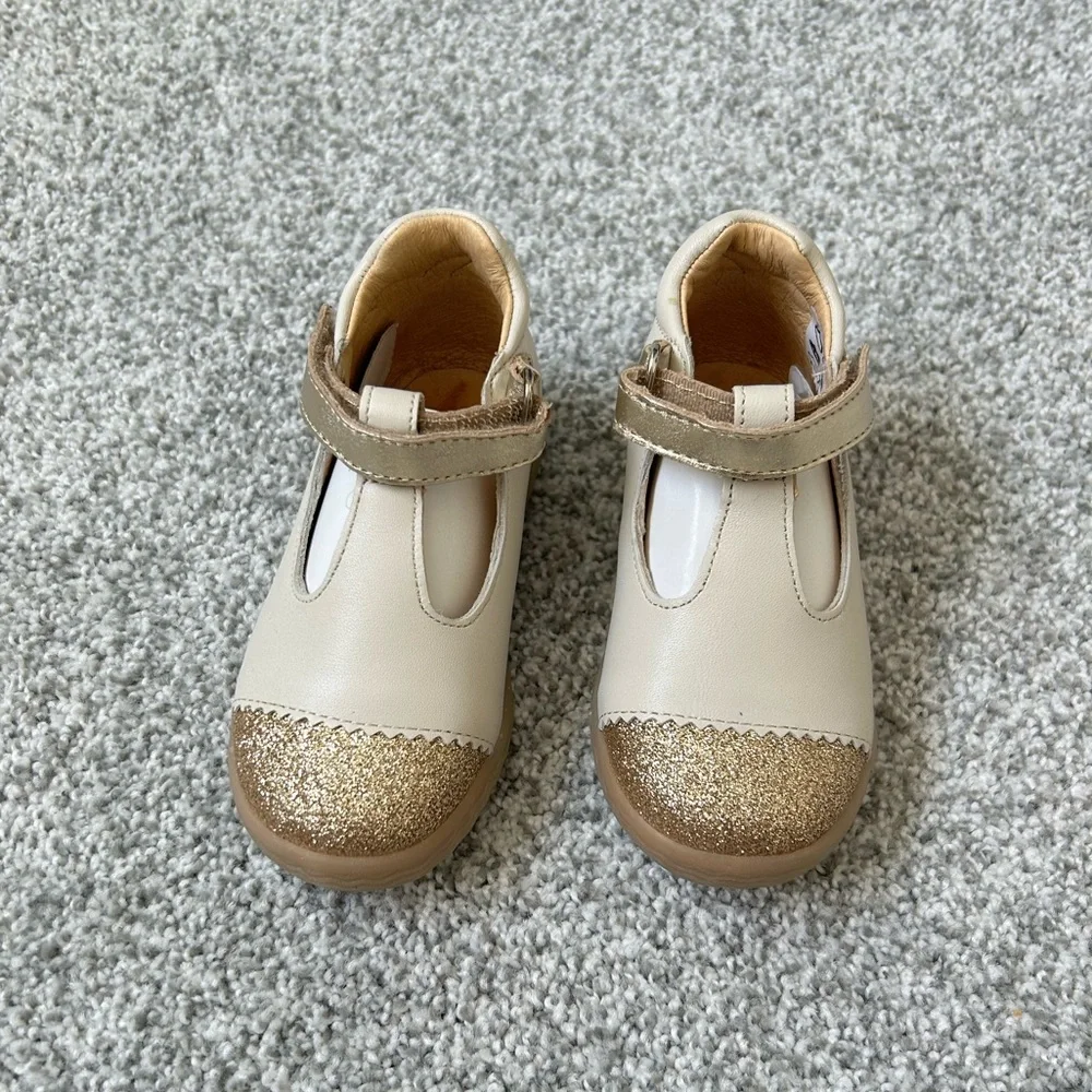 Girls Cream Mary Jane Shoes with Gold Glitter Toe